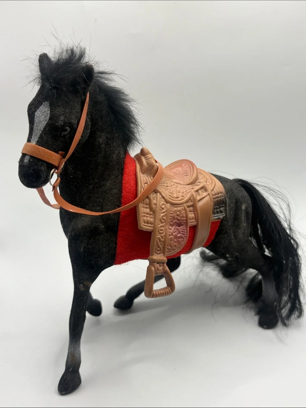 Vintage Flocked Black Stallion Horse Saddle Western Equestrian Figure Model Toy